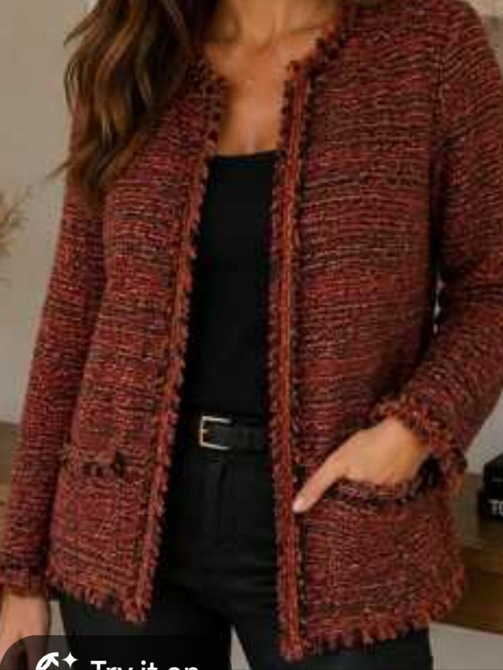 Chico's Rust Multi-Blend Fringe Open-Front Cardigan,  Size 1, M